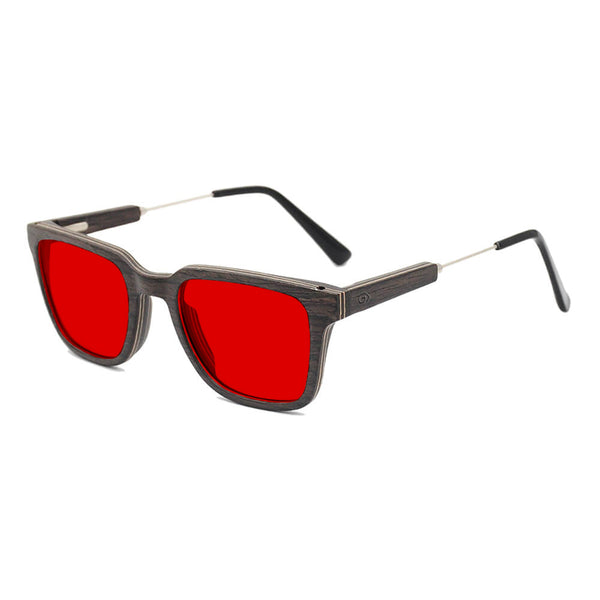 KUGO Dyer Oak 550nm blocking side view - Handmade blue and green light blocking sunset glasses for better sleeping, featuring eco-friendly biodegradable acetate end of arms and natural wood the rest of the frame for a stylish, sustainable look.