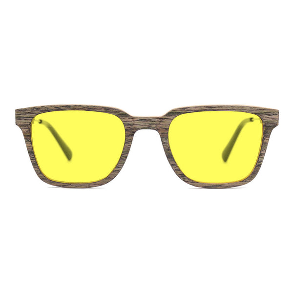 KUGO Dyer Walnut premium 450nm blocking front view - Handmade blue and green light blocking sunset glasses for better sleeping, featuring eco-friendly biodegradable acetate end of arms and natural wood the rest of the frame for a stylish, sustainable look.