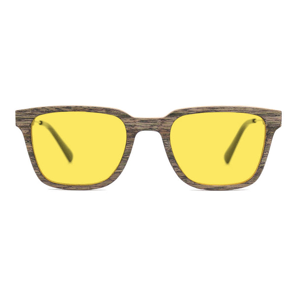 KUGO Dyer Walnut 450nm blocking front view - Handmade blue and green light blocking sunset glasses for better sleeping, featuring eco-friendly biodegradable acetate end of arms and natural wood the rest of the frame for a stylish, sustainable look.