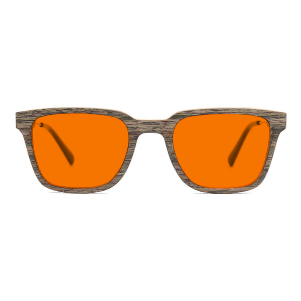 KUGO Dyer Walnut premium 530nm blocking front view - Handmade blue and green light blocking sunset glasses for better sleeping, featuring eco-friendly biodegradable acetate end of arms and natural wood the rest of the frame for a stylish, sustainable look.