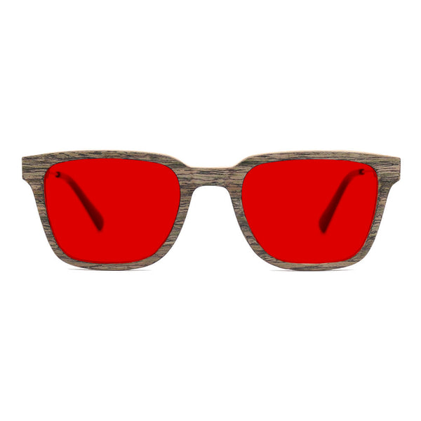 KUGO Dyer Walnut 550nm blocking front view - Handmade blue and green light blocking sunset glasses for better sleeping, featuring eco-friendly biodegradable acetate end of arms and natural wood the rest of the frame for a stylish, sustainable look.