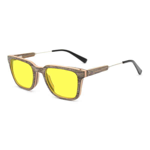 KUGO Dyer Walnut premium450nm blocking side view - Handmade blue and green light blocking sunset glasses for better sleeping, featuring eco-friendly biodegradable acetate end of arms and natural wood the rest of the frame for a stylish, sustainable look.