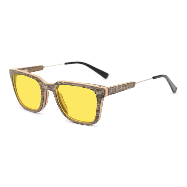 KUGO Dyer Walnut 450nm blocking side view - Handmade blue and green light blocking sunset glasses for better sleeping, featuring eco-friendly biodegradable acetate end of arms and natural wood the rest of the frame for a stylish, sustainable look.
