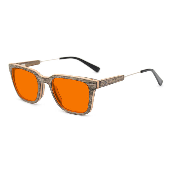 KUGO Dyer Walnut premium 530nm blocking side view - Handmade blue and green light blocking sunset glasses for better sleeping, featuring eco-friendly biodegradable acetate end of arms and natural wood the rest of the frame for a stylish, sustainable look.