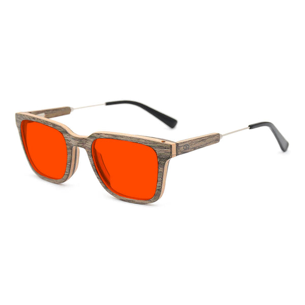 KUGO Dyer Walnut premium 550nm blocking side view - Handmade blue and green light blocking sunset glasses for better sleeping, featuring eco-friendly biodegradable acetate end of arms and natural wood the rest of the frame for a stylish, sustainable look.