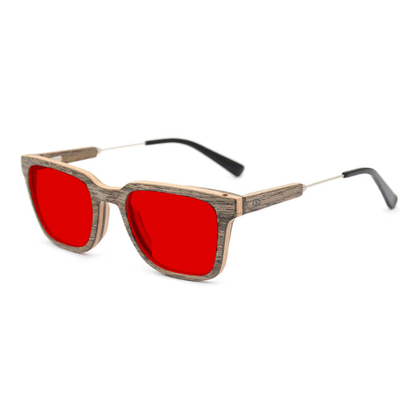KUGO Dyer Walnut 550nm blocking side view - Handmade blue and green light blocking sunset glasses for better sleeping, featuring eco-friendly biodegradable acetate end of arms and natural wood the rest of the frame for a stylish, sustainable look.