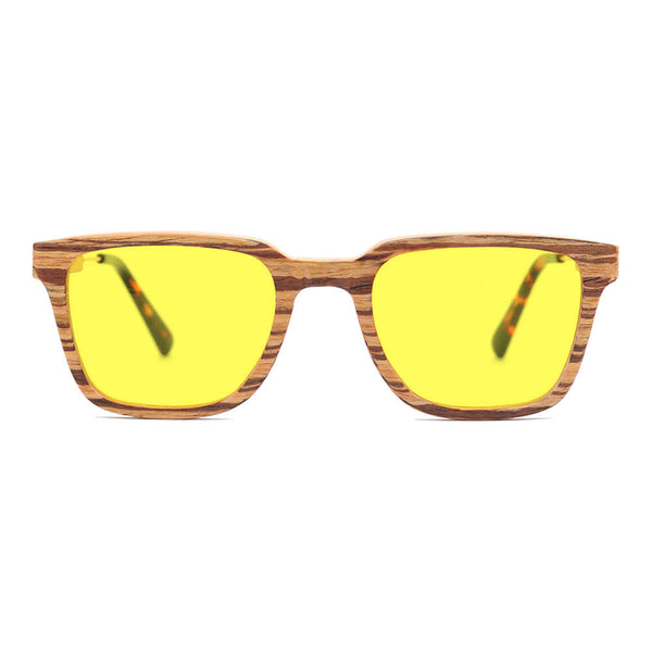 KUGO Dyer Zebra premium 450nm blocking front view - Handmade blue and green light blocking sunset glasses for better sleeping, featuring eco-friendly biodegradable acetate end of arms and natural wood the rest of the frame for a stylish, sustainable look.