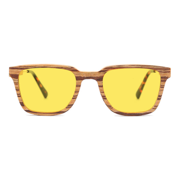 KUGO Dyer Zebra 450nm blocking front view - Handmade blue and green light blocking sunset glasses for better sleeping, featuring eco-friendly biodegradable acetate end of arms and natural wood the rest of the frame for a stylish, sustainable look.