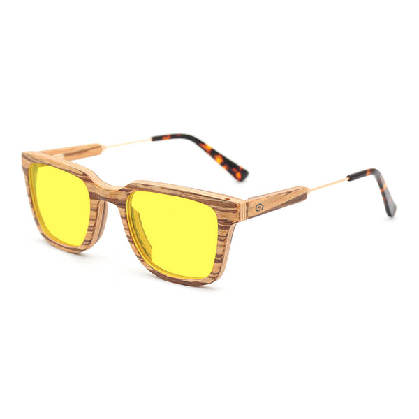 KUGO Dyer Zebra premium 450nm blocking side view - Handmade blue and green light blocking sunset glasses for better sleeping, featuring eco-friendly biodegradable acetate end of arms and natural wood the rest of the frame for a stylish, sustainable look.