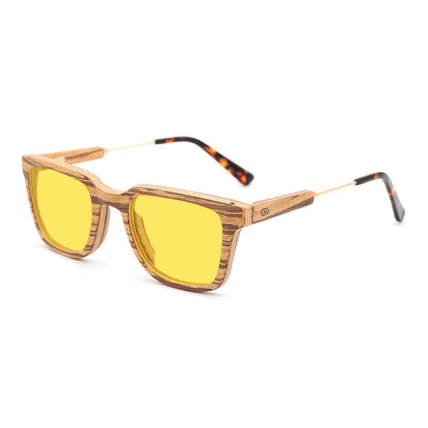 KUGO Dyer Zebra 450nm blocking side view - Handmade blue and green light blocking sunset glasses for better sleeping, featuring eco-friendly biodegradable acetate end of arms and natural wood the rest of the frame for a stylish, sustainable look.