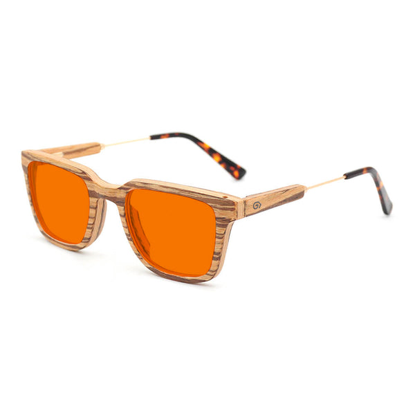 KUGO Dyer Zebra premium 530nm blocking side view - Handmade blue and green light blocking sunset glasses for better sleeping, featuring eco-friendly biodegradable acetate end of arms and natural wood the rest of the frame for a stylish, sustainable look.