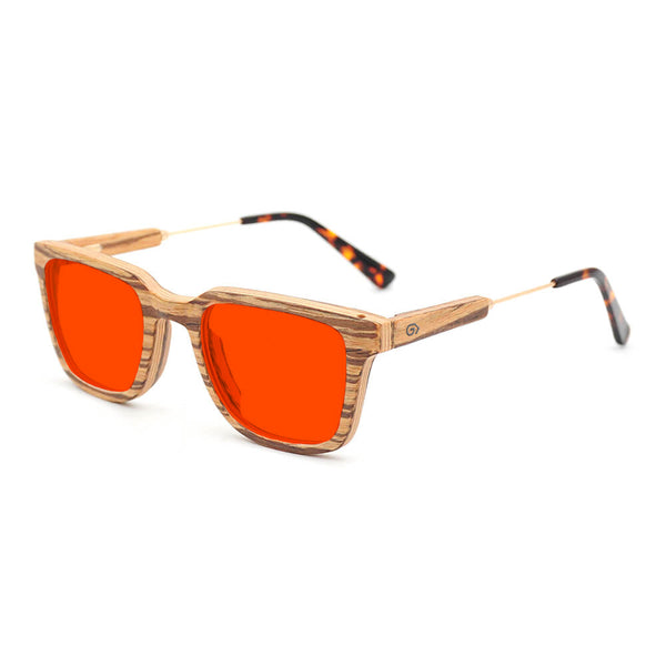 KUGO Dyer Zebra premium 550nm blocking side view - Handmade blue and green light blocking sunset glasses for better sleeping, featuring eco-friendly biodegradable acetate end of arms and natural wood the rest of the frame for a stylish, sustainable look.