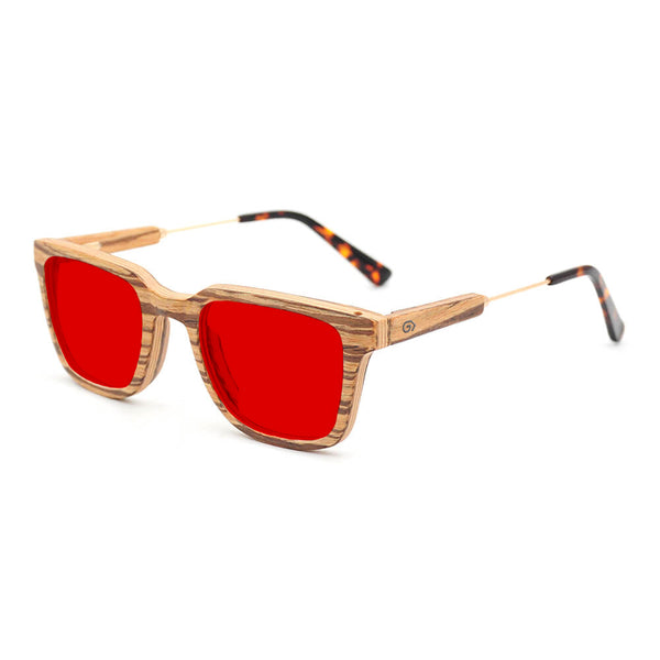 KUGO Dyer Zebra 550nm blocking side view - Handmade blue and green light blocking sunset glasses for better sleeping, featuring eco-friendly biodegradable acetate end of arms and natural wood the rest of the frame for a stylish, sustainable look.