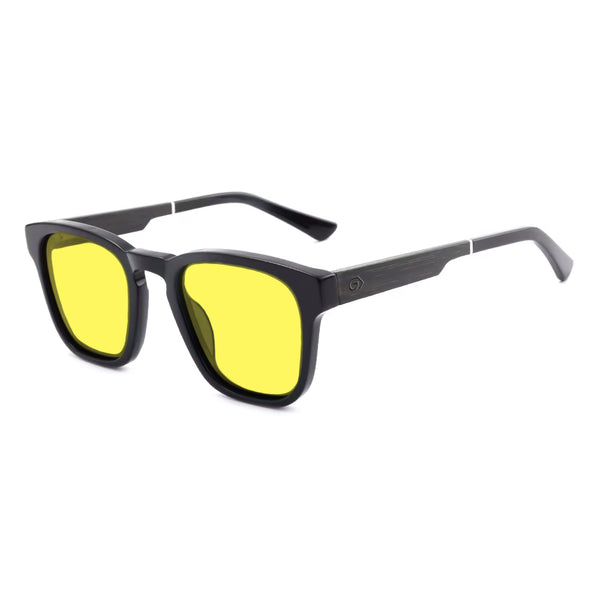 KUGO Fulton premium 450nm blocking side view - Handmade blue and green light blocking sunset glasses for better sleeping, featuring eco-friendly biodegradable acetate frames and natural wood arms for a stylish, sustainable look.