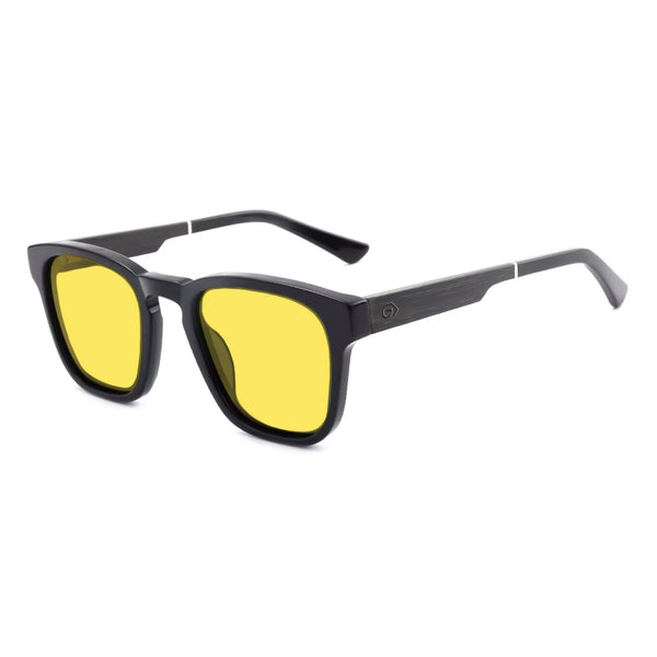 KUGO Fulton 450nm blocking side view - Handmade blue and green light blocking sunset glasses for better sleeping, featuring eco-friendly biodegradable acetate frames and natural wood arms for a stylish, sustainable look.