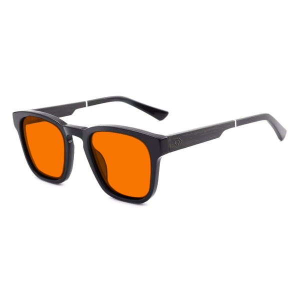 KUGO Fulton premium 530nm blocking side view - Handmade blue and green light blocking sunset glasses for better sleeping, featuring eco-friendly biodegradable acetate frames and natural wood arms for a stylish, sustainable look.