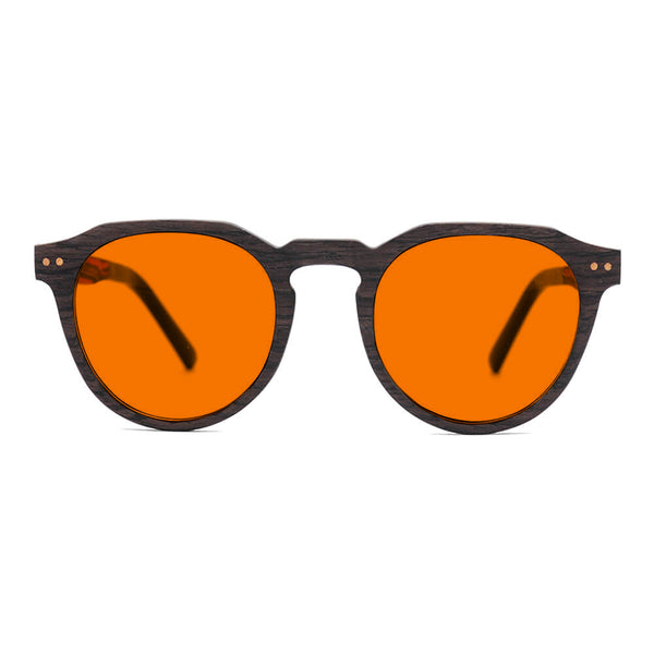 KUGO Lenox Oak premium 530nm blocking front view - Handmade blue and green light blocking sunset glasses for better sleeping, featuring eco-friendly biodegradable acetate end of arms and natural wood the rest of the frame for a stylish, sustainable look.