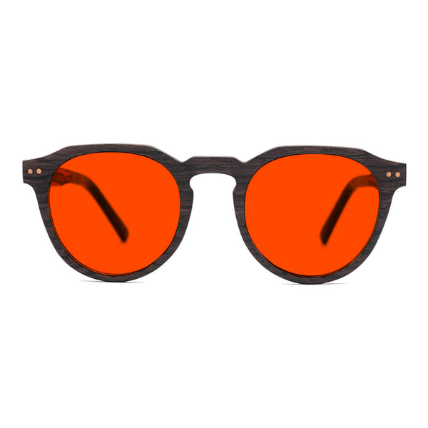 KUGO Lenox Oak premium 550nm blocking front view - Handmade blue and green light blocking sunset glasses for better sleeping, featuring eco-friendly biodegradable acetate end of arms and natural wood the rest of the frame for a stylish, sustainable look.