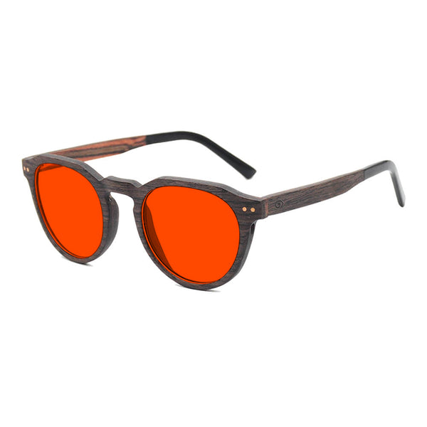KUGO Lenox Oak premium 550nm blocking side view - Handmade blue and green light blocking sunset glasses for better sleeping, featuring eco-friendly biodegradable acetate end of arms and natural wood the rest of the frame for a stylish, sustainable look.