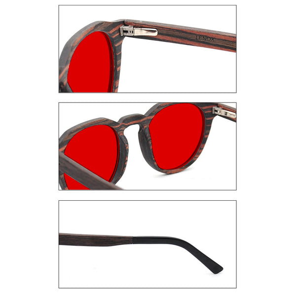 KUGO Lenox Oak 550nm blocking set of views - Handmade blue and green light blocking sunset glasses for better sleeping, featuring eco-friendly biodegradable acetate end of arms and natural wood the rest of the frame for a stylish, sustainable look.