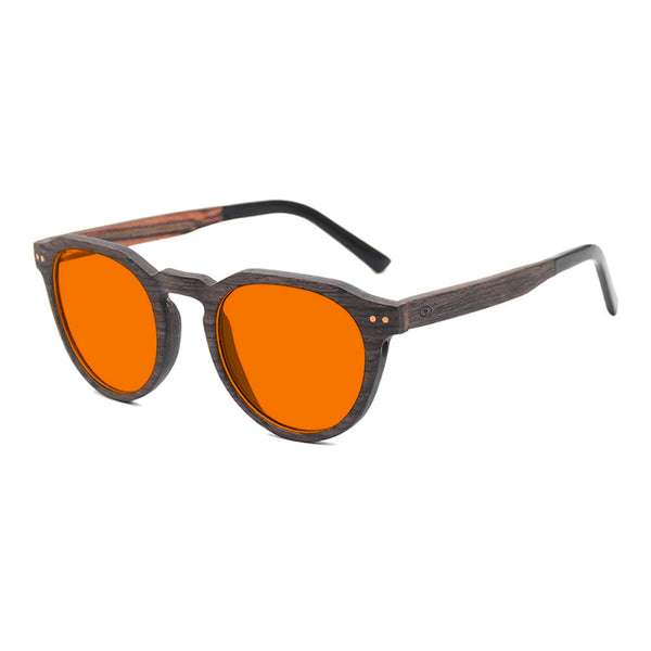 KUGO Lenox Oak premium 530nm blocking side view - Handmade blue and green light blocking sunset glasses for better sleeping, featuring eco-friendly biodegradable acetate end of arms and natural wood the rest of the frame for a stylish, sustainable look.