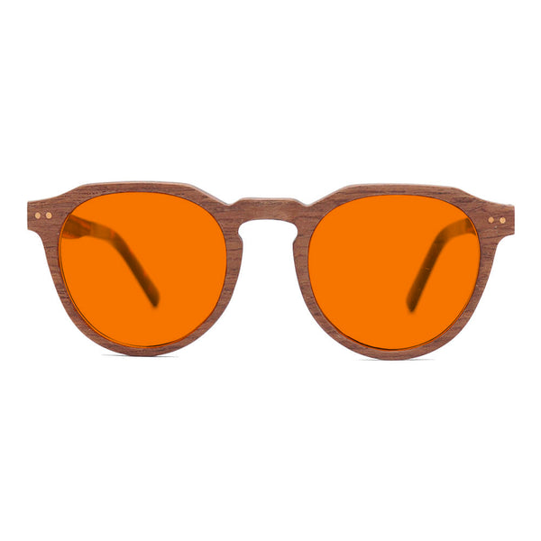 KUGO Lenox Walnut premium 530nm blocking front view - Handmade blue and green light blocking sunset glasses for better sleeping, featuring eco-friendly biodegradable acetate end of arms and natural wood the rest of the frame for a stylish, sustainable look.