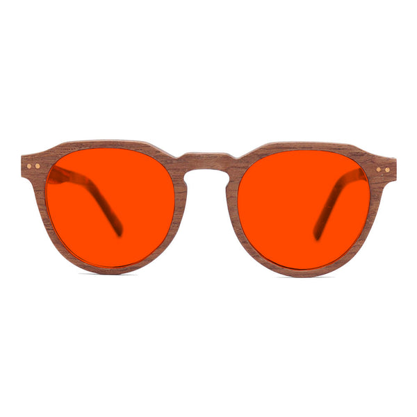 KUGO Lenox Walnut premium 550nm blocking front view - Handmade blue and green light blocking sunset glasses for better sleeping, featuring eco-friendly biodegradable acetate end of arms and natural wood the rest of the frame for a stylish, sustainable look.