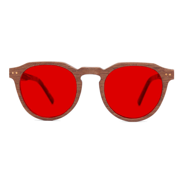 KUGO Lenox Walnut 550nm blocking front view - Handmade blue and green light blocking sunset glasses for better sleeping, featuring eco-friendly biodegradable acetate end of arms and natural wood the rest of the frame for a stylish, sustainable look.