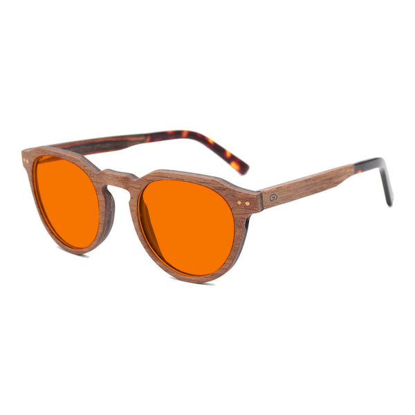 KUGO Lenox Walnut premium 530nm blocking side view - Handmade blue and green light blocking sunset glasses for better sleeping, featuring eco-friendly biodegradable acetate end of arms and natural wood the rest of the frame for a stylish, sustainable look.