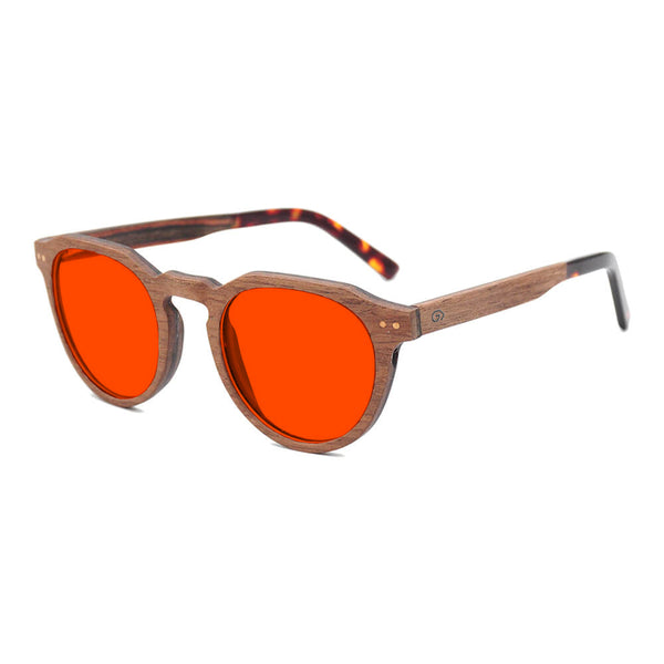 KUGO Lenox Walnut premium 550nm blocking side view - Handmade blue and green light blocking sunset glasses for better sleeping, featuring eco-friendly biodegradable acetate end of arms and natural wood the rest of the frame for a stylish, sustainable look.