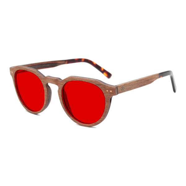 KUGO Lenox Walnut 550nm blocking side view - Handmade blue and green light blocking sunset glasses for better sleeping, featuring eco-friendly biodegradable acetate end of arms and natural wood the rest of the frame for a stylish, sustainable look.