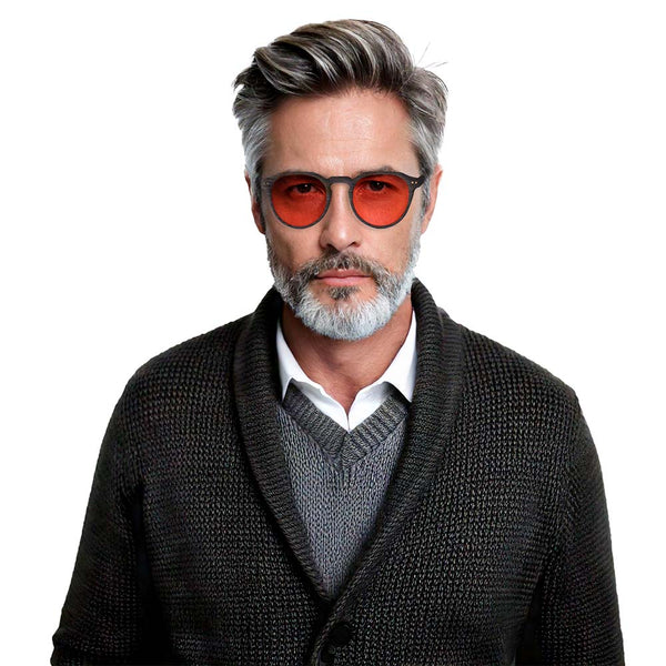 KUGO Lenox Oak premium 550nm blocking front view on model - Handmade blue and green light blocking sunset glasses for better sleeping, featuring eco-friendly biodegradable acetate end of arms and natural wood the rest of the frame for a stylish, sustainable look.