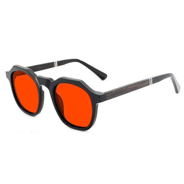 KUGO Nassau premium 550nm blocking side view - Handmade blue and green light blocking sunset glasses for better sleeping, featuring eco-friendly biodegradable acetate frames and natural wood arms for a stylish, sustainable look.