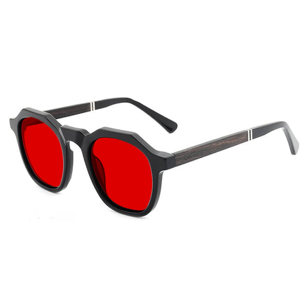 KUGO Nassau 550nm blocking side view - Handmade blue and green light blocking sunset glasses for better sleeping, featuring eco-friendly biodegradable acetate frames and natural wood arms for a stylish, sustainable look.