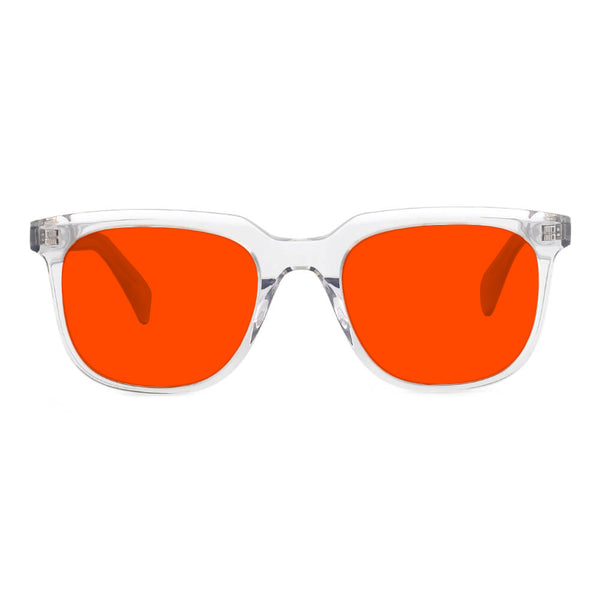 KUGO Stanton transparent premium 550nm blocking front view- Handmade blue and green light blocking sunset glasses for better sleeping, featuring eco-friendly biodegradable acetate for a stylish, sustainable look.