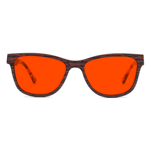 KUGO Madison premium 550nm blocking front view - Handmade blue and green light blocking sunset glasses for better sleeping, featuring eco-friendly biodegradable acetate end of arms and natural wood the rest of the frame for a stylish, sustainable look.