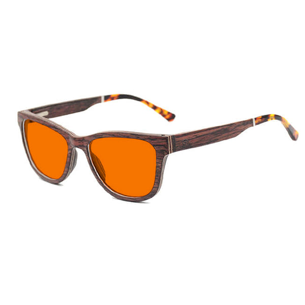 KUGO Madison premium 530nm blocking side view - Handmade blue and green light blocking sunset glasses for better sleeping, featuring eco-friendly biodegradable acetate end of arms and natural wood the rest of the frame for a stylish, sustainable look.