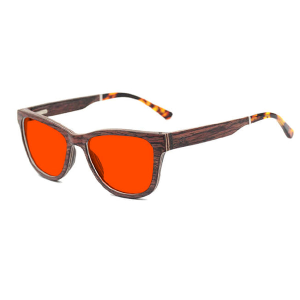 KUGO Madison premium 550nm blocking side view - Handmade blue and green light blocking sunset glasses for better sleeping, featuring eco-friendly biodegradable acetate end of arms and natural wood the rest of the frame for a stylish, sustainable look.